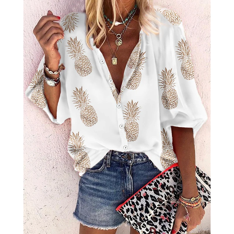 

2019 Autumn Winter Sexy Pineapple Printing Long Sleeves V Neck Casual Blouse Shirt Women Shirt Fashion White Lady Blouses