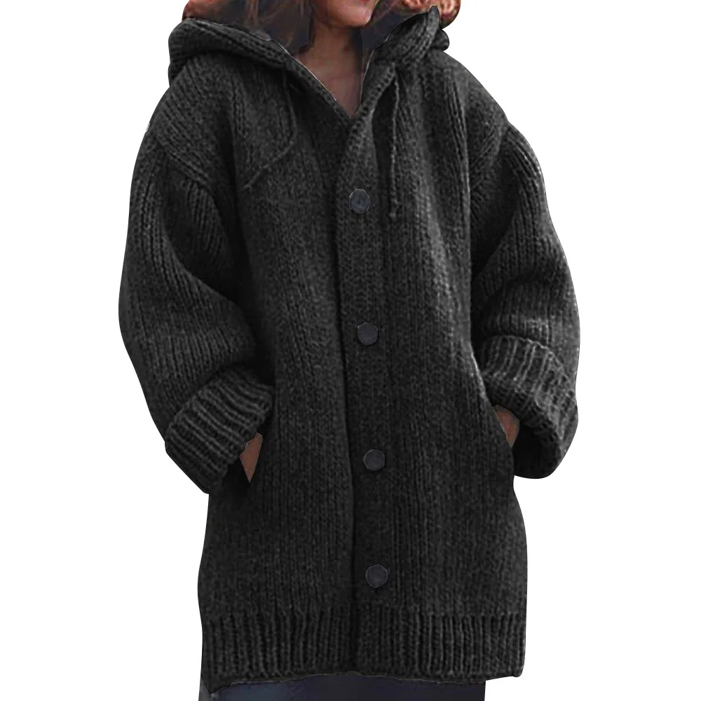Sweater Cardigan Women Winter Single Breasted Button Hooded Sweater Casual Solid Pocket Cardigan Warm Mujer swetry damskie D25