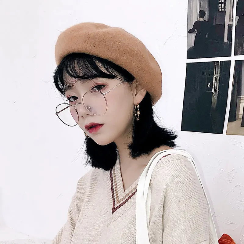 Ool Beret, шапки для женщин, зимняя французская шапка для девочек, одноцветная, Осень-зима, винтажный шерстяной берет для женщин, плоская шапка, фетровая шапочка - Цвет: Хаки