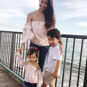 

Mother Daughter Family Matching T Shirt Summer Mom Girl Kid Family Look Sling Striped Tops Mommy And Me Matching Clothes