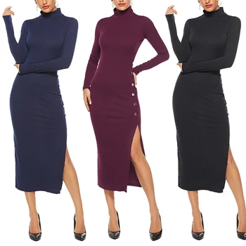 

Bikitique High neck And Long Sleeve Elastic Slim Bottom Knitted Sexy Dress Women Button Split Party Dress Warm Soft Winter Dress