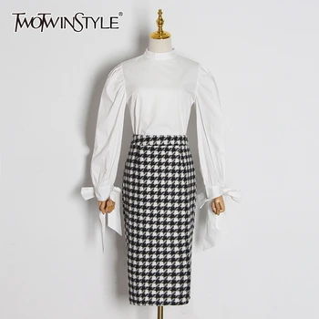 

TWOTWINSTYLE Hit Color Women Sets O Neck Lantern Long Sleeve Lace Up Bow Blouses High Waist Slim Skirts Autumn Suits Female Tide