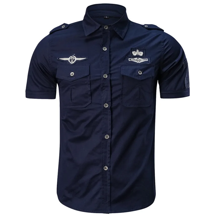 Camisas Hombre,, мужская рубашка, модная, повседневная, военная, чистый цвет, с карманом, короткий рукав, свободная, с отложным воротником, обычная, Camisa