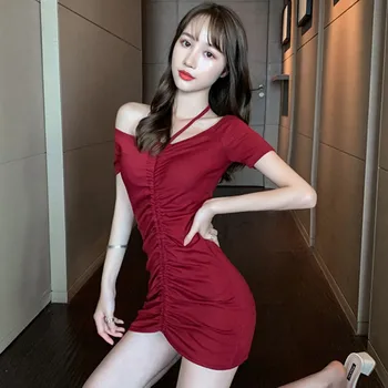 

Women Dresses Summer 2020 High Waist Slash-Neck Sexy Dresses Female Hanging Neck Drawstring Solid Color Short-sleeved Dresses