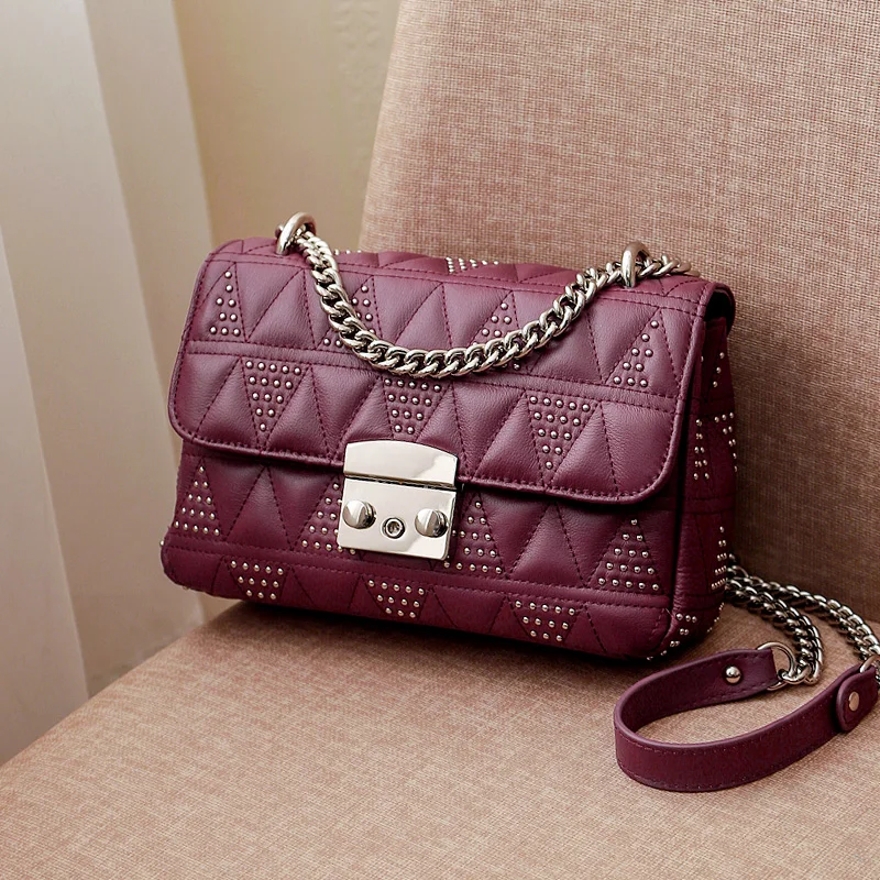 

2019 New Famous Designer High Quality 100% Genuine Leather Handbags Luxury Fashion Rivet Chain Shoulder Messenger Bag Sac A Main