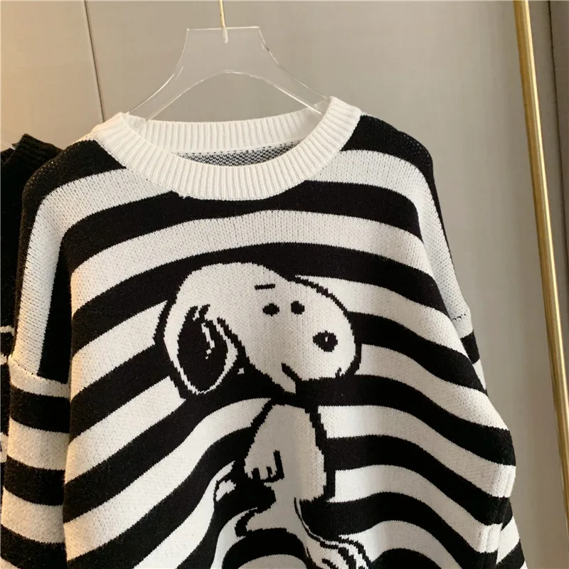 Striped Полосатый пуловер, женские зимние топы, корейский стиль, милый мультяшный вязаный свитер, Повседневная Свободная вязаная одежда, топы черного и белого цвета T381 - Цвет: Striped