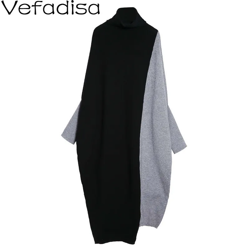 

Vefadisa Autumn Black Patchwork Knitting Sweater Dress Turtleneck Batwing Sleeve Sweater Irregular Pullover Sweater 2019 QYF617