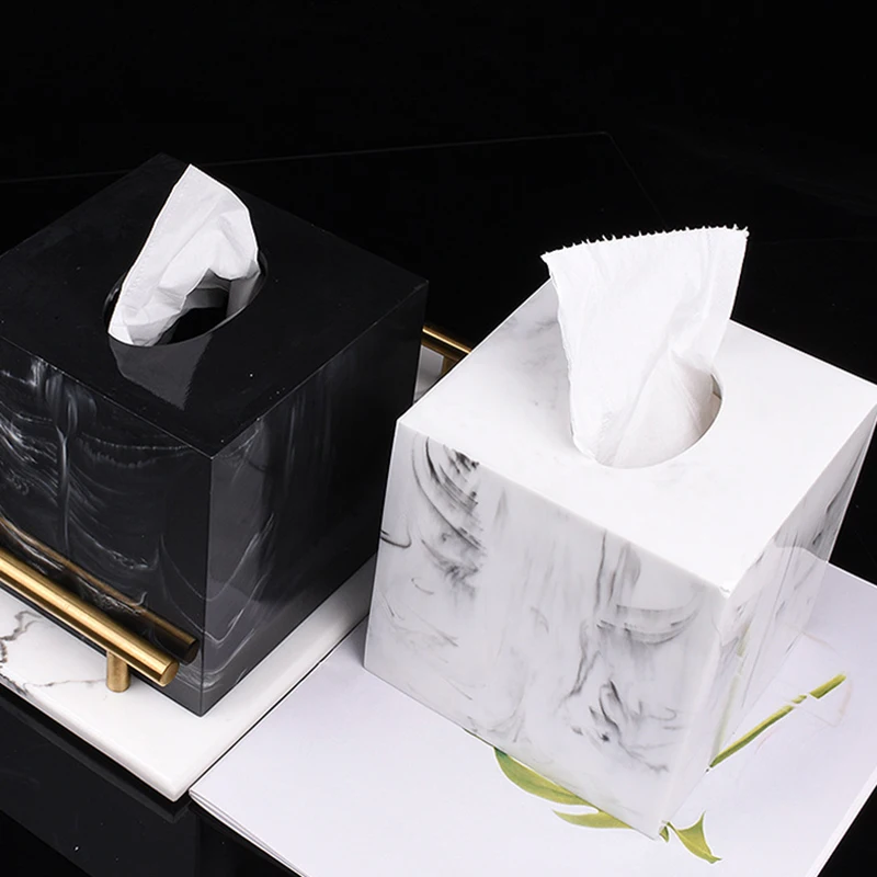 Square Tissue Box Cover, Facial Napkin Holder for Bathroom Living Room Office, Marble-Imitation Made of Resin(White