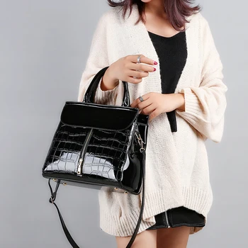 

SWDF Patent Leather Handbags For Women 2020 Crocodile Pattern Lady Winter Shoulder Bags Zipper High Capacity Handbag New