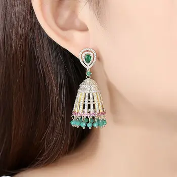 

1 Pair Women Indian Bridal Zircon Bell Beads Tassel Drop Dangle Earrings Ethnic Tribal Boho Wedding Party Decor