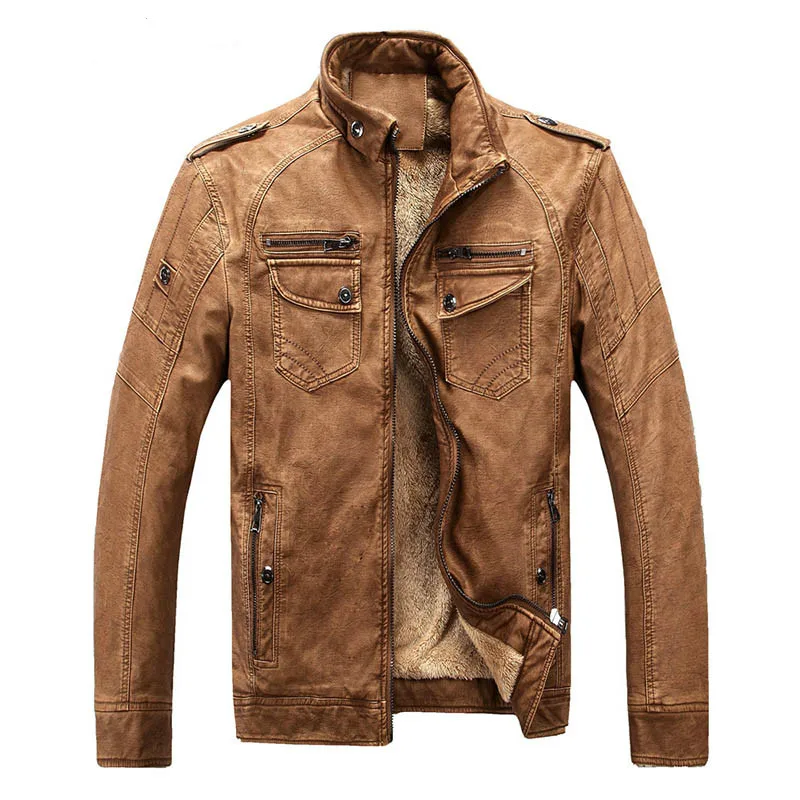 

Washed Vintage Leather Jacket Men Winter/Autumn Warm Soft Brown Leather Jacket Coat Motorcycle Jacket Plus Size M-3XL