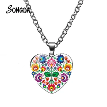 

2019 Charm Polish Folk Art Pattern Necklace Heart Shape Design Flowers Glass Pendant Chain Handmade Wedding Boho Jewelry