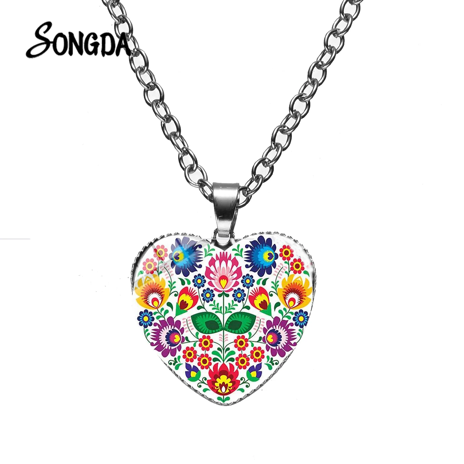 

SONGDA 2019 Charm Polish Folk Art Pattern Necklace Heart Shape Design Flowers Glass Pendant Chain Handmade Wedding Boho Jewelry