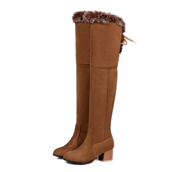 

Womens winter warm furry Block heel faux Suede side Zip Knight Over Knee high Thigh Boots