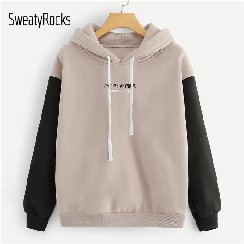 SweatyRocks толстовка с контрастными рукавами и надписями на шнурке, пуловер большого размера, топы, осенние женские повседневные толстовки с капюшоном