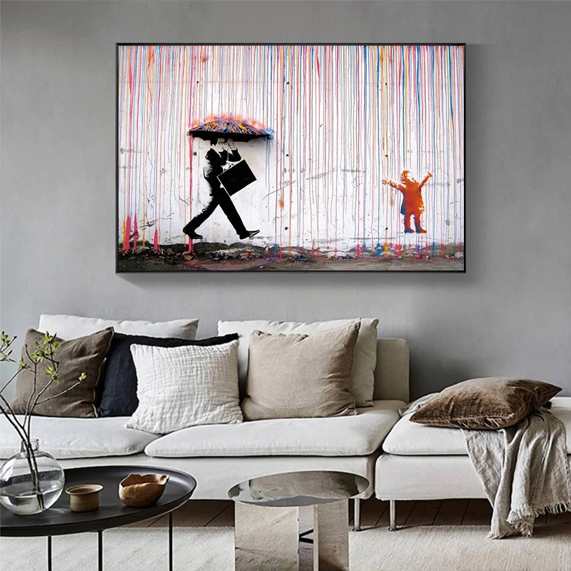 Banksy прогулки в дождь Улица граффити стены искусства холст настенные картины плакаты и принты для декора