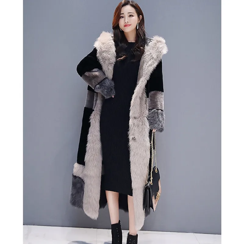 UHYTGF качество плюс бархат зимнее меховое пальто женский корейский Свободный 3XL размера плюс куртка черный толстый теплый повседневный длинный мех пальто s1017