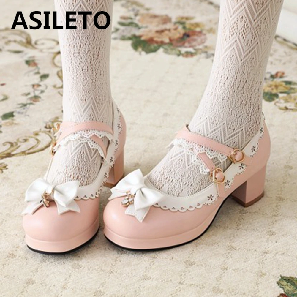 

ASILETO New 2021 Pumps Round Toe 5.5cm Block Heels Buckle Bowtie Lace Cute Sweet Lolita Crystal Bling Big Size 43 Party B2375