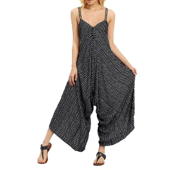 

Women'S Sling Jumpsuit New Sexy Striped Print Halter Bandage Wide Leg Pants Loose Straight Fashion Casual Party Daily Pantalon#B