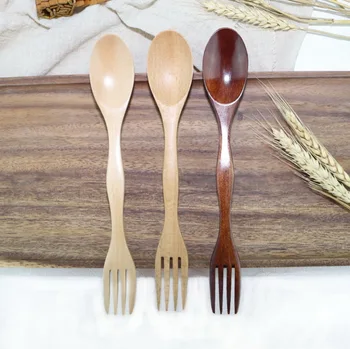 

DHL 100pcs Quality Wooden 2 in 1 Spoon Forks Set Natural Wood Cutlery Coffee Tea Spoons Salad Fruit Fork Utensils