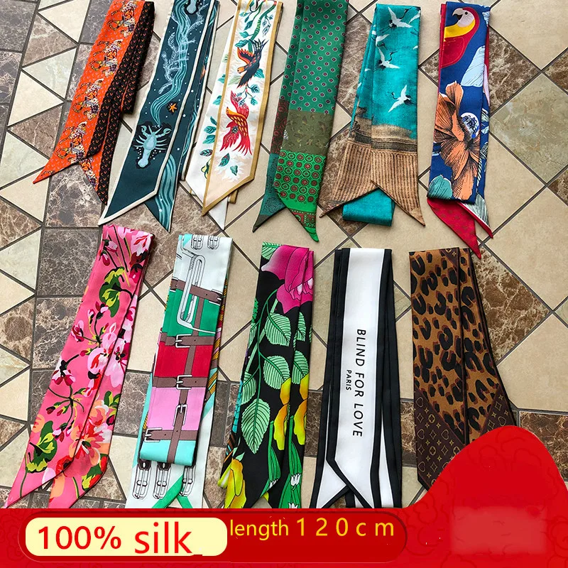 

2020 Silk scarf Small Ribbon Neckerchief Handle Bag band tied wrist Strap Hair Band Twill Silk Scarves