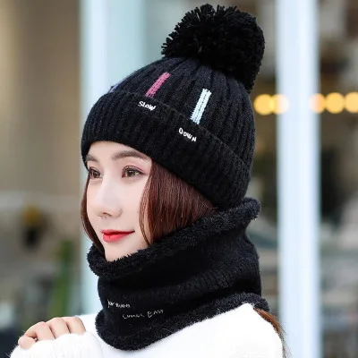 Knitted Hat With Scarf Collars SUOGRY Sets For Women Winter Ladies Hat& Scarf With Pompom Thick Two Piece Keep Snow Warm Set - Цвет: black