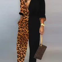 Плюс размер 2XL элегантный глубокий цветной блок вставки леопард сексуальный Облегающий комбинезон с длинными рукавами боди