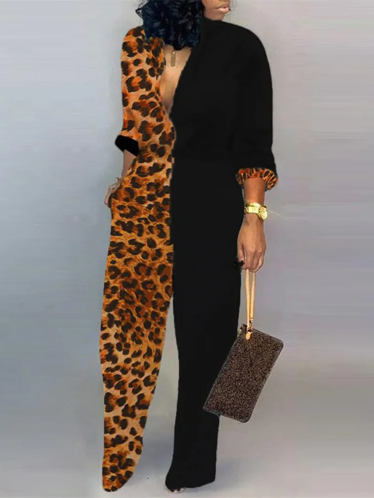 

Plus Size 2XL Elegant Plunge Colorblock Insert Leopard Jumpsuit Sexy Bodycon Jumpsuit Romper Long Sleeve Bodysuit