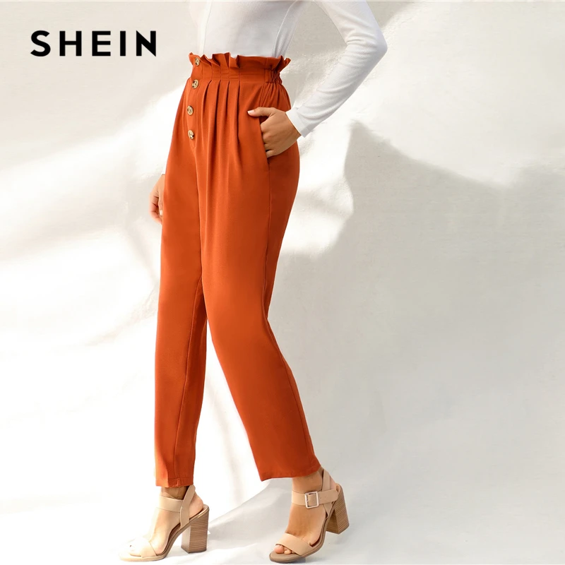 SHEIN Kiddie/коричневые однотонные штаны с бумажной сумкой и пуговицами на талии; возможность носить с брюками для мамы и ребенка; коллекция года; осенние брюки с оборками для девочек; Одинаковая одежда для семьи