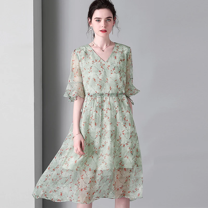 

100% Silk Dress Natural Silk Print Ruffles Floral Printed Decoration V Neck Short Sleeve Top Grade Fabric Cute Style New Fashion
