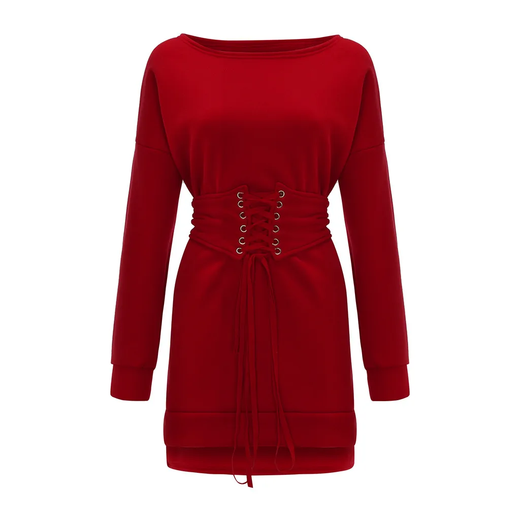 Зимнее женское белое платье с О-образным вырезом и длинным рукавом, плотное флисовое платье+ пояс на поясе, Бандажное платье-Толстовка, платья, женские платья - Цвет: Red