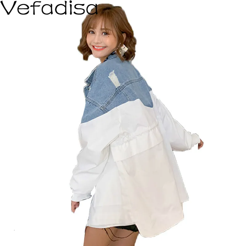 Vefadisa Autumn Woman Denim Coat Jacket Letter Loose Patchwork Hole Pockets Single Breasted 2019 QYF727 | Женская одежда