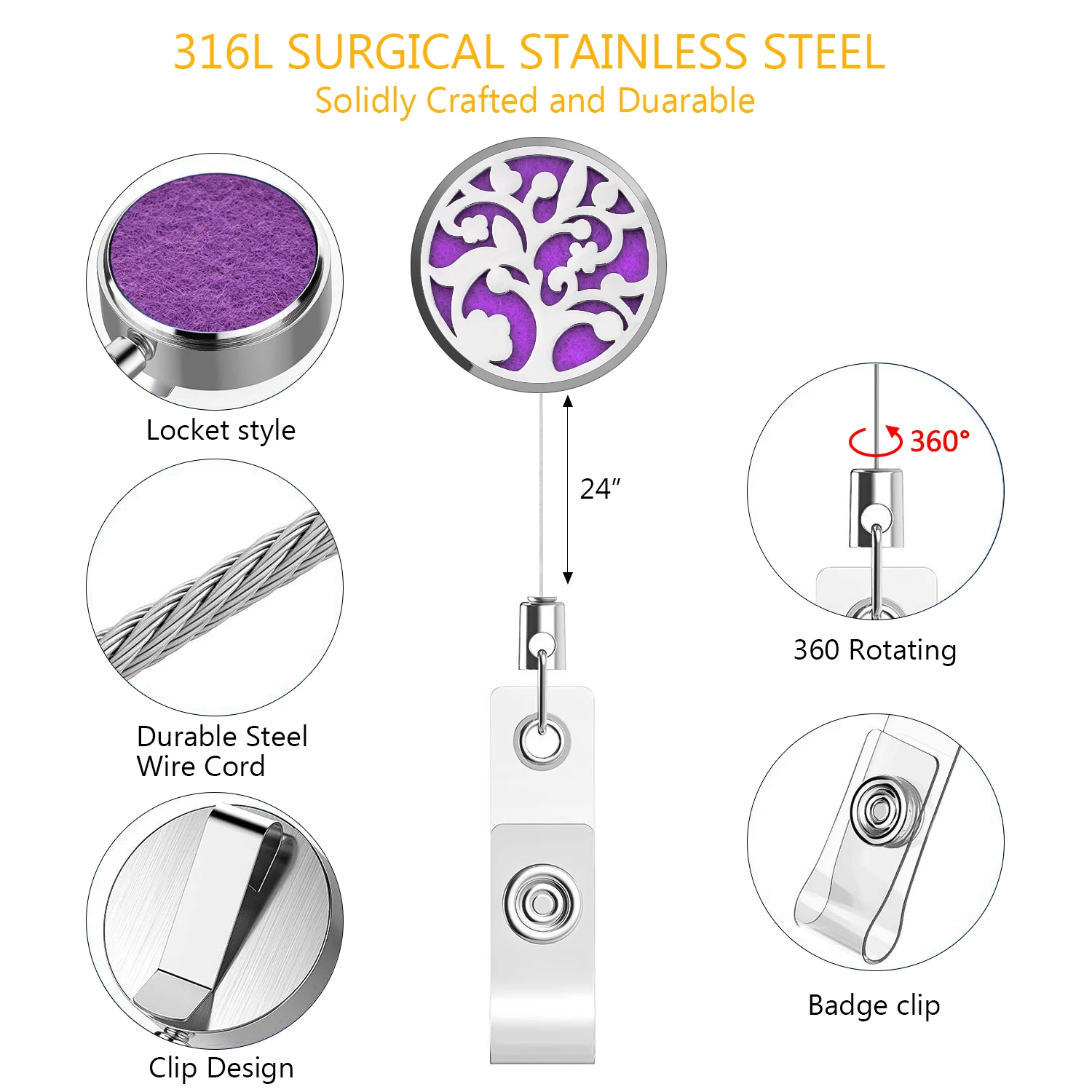 One bracket 30mm easy to pull buckle retractable length 60cm titanium steel essential oil diffuser badge scroll clip certificate