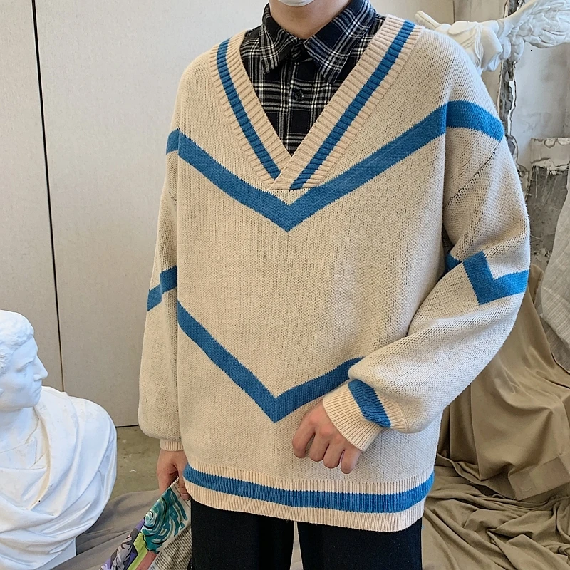 YUECHE Autumn And Winter Men's Youth New Hit Color Flocking V-neck Sweater Letters Intarsia Decoration Thick Loose YUECHE Autumn And Winter Men's Youth New Hit Color Flocking V-neck Sweater Letters Intarsia Decoration Thick Loose