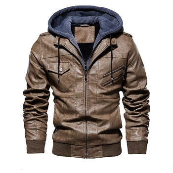 

Helisopus New Winter Warm Hooded Mens Jackets Motorcycle PU Leather Jacket Mens Casual Biker Leather Coat Tops EU Size
