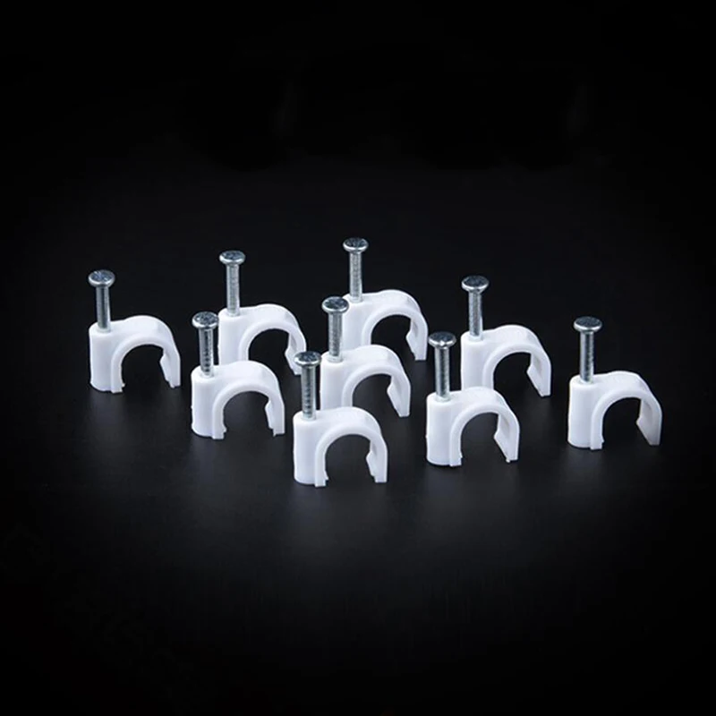 100pcs Cable Fixed Flat Or Round Or Circle Path Cable Plastic Clips With Nail Wire U Circle Cable Clamp With Nail High Quality
