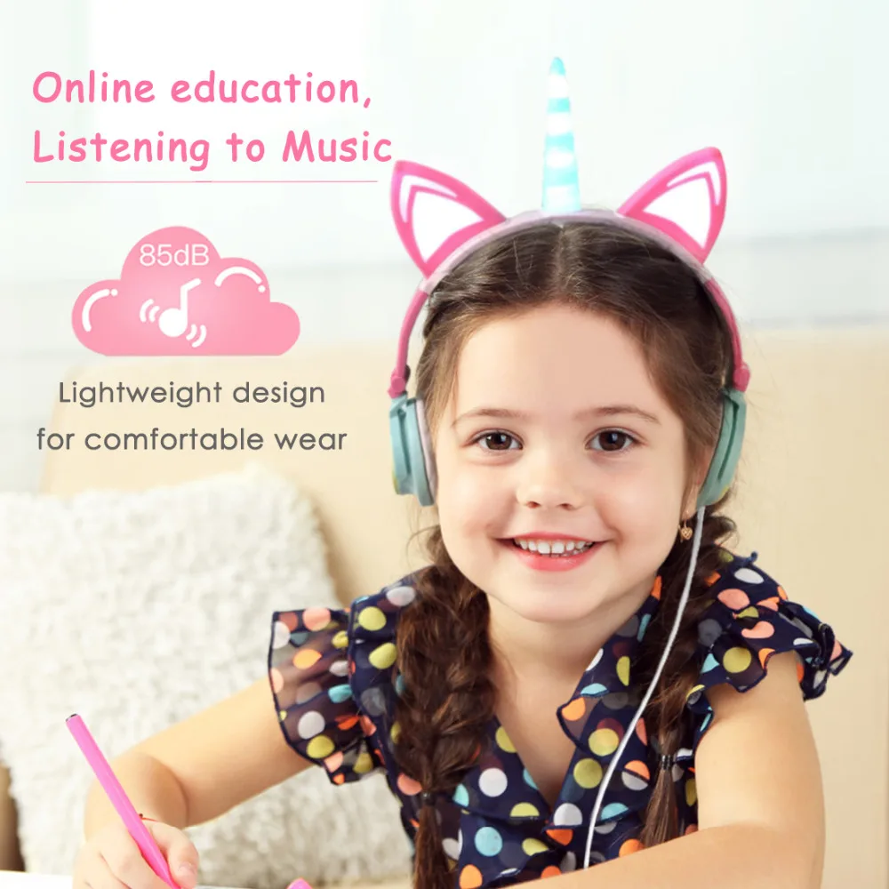 Wired Foldable Flashing Unicorns Kids Headphones With LED Light Earphone For Mobile Phone PC Computer Boys Girls Gaming Headset