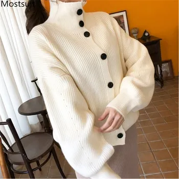 

2019 Spring Autumn Fashion Turtleneck Long Sleeve Sweater For Women Loose Front And Rear Wear Button Knit Tops Korean Streetwear