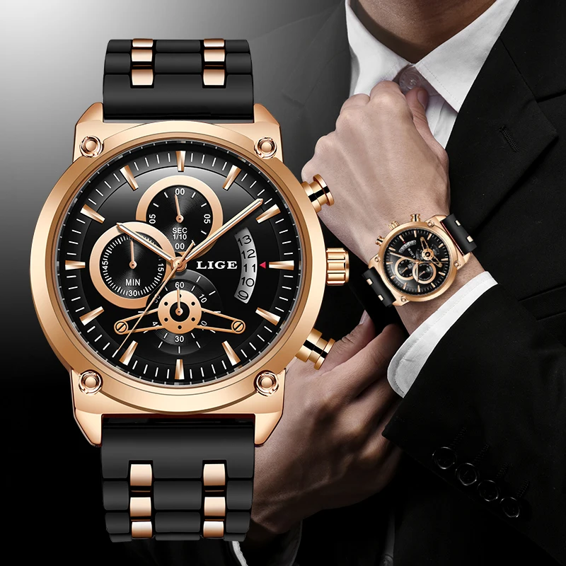 LIGE New Classic Black Mens Watches Top Brand Luxury Watch For Man Military Silicone