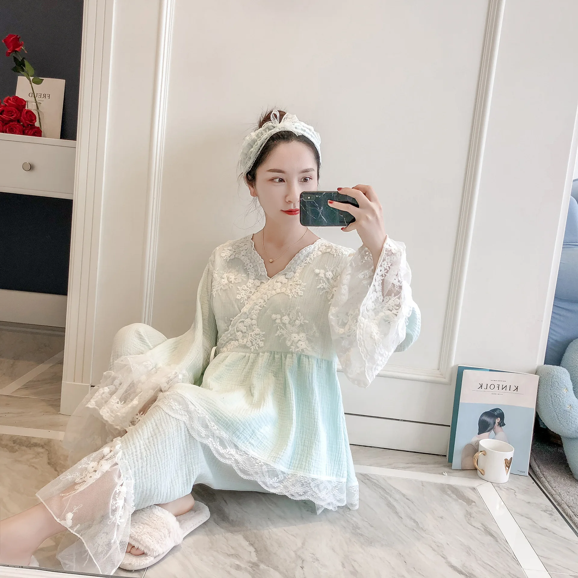 Новая женская пижама в дворцовом стиле, свободная Милая одежда для сна, Корейская Пижама с кружевами, хлопковый комплект для сна Kawaii, домашняя одежда, тонкий пижамный комплект