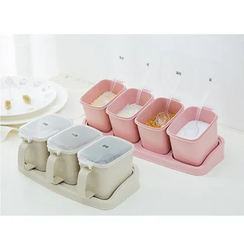 

Seasoning Storage Box Wheat Straw With Spoon 4-Compartment Spice Box Storage Container Condiment Jars For Spice Sugar Salt