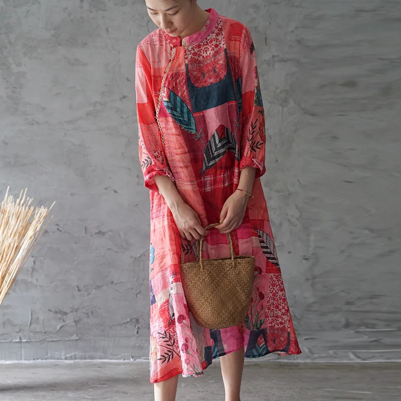 

Women Plate Buckle Stand Floral Print Lace Up Dress 2019 Autumn New Vintage Long Sleeve Cotton Linen Female Dresses
