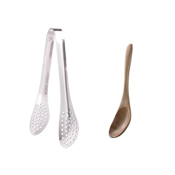 

Bakery Stainless Steel Perforated Kitchen Tongs Tongs & Oval Wood Soup Rice Sugar to Serve Kitchen Scoop Spoon 17.8cm