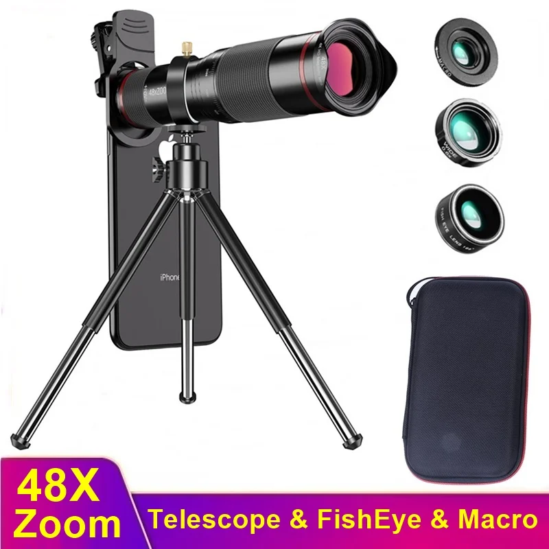 Tongdaytech 48X Mobile Phone Camera Lens 4 IN 1 Telescope Zoom Macro Lentille Fish Eye for Iphone Samsung Xiaomi Smartphone | Мобильные