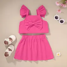 

2021 Summer Children Sets Casual Sleeveless O Neck Bow Tops Pink Solid Skirt 2Pcs Girl Boys Clothes Sets 18M-6T