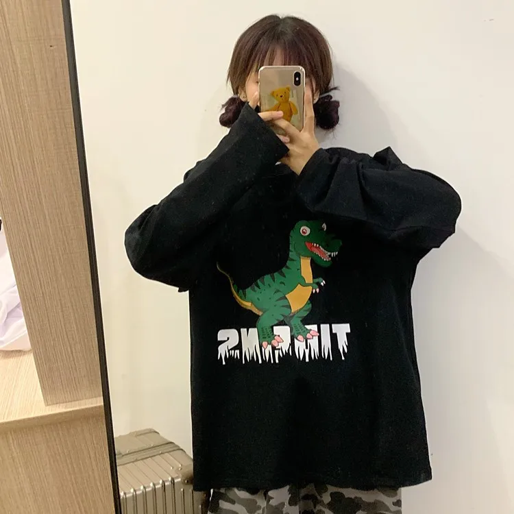 Осенняя женская футболка Harajuku одежда мультфильм Динозавр печатных футболки для женщин Белый Свободный длинный рукав футболки топы