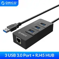Суперскоростной разветвитель ORICO, USB 3,0, 3 порта, с внешней сетевой картой RJ45 Gigabit Ethernet, 5 Гбит/с, черный для ноутбука - изображение