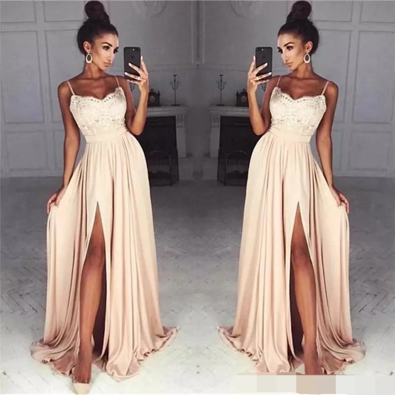 

Cheap Long Spaghetti Straps Lace Evening Dresses Side Split Sexy Custom simple prom dresses evening dress 2019