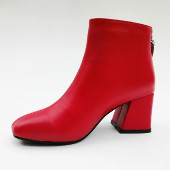 

Real Leather Ankle Boots Women Hoof Thick Heel Autumn Ladies High Heels Shoes G113 Woman Square Toe Zipper Black White Red Boots