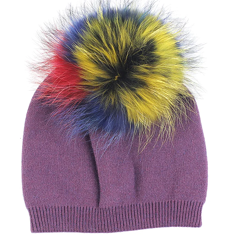Geebro двухслойная Женская кашемировая эластичная вязаная шапка женская зимняя теплая шерстяная громоздкая шапка Skullies с помпоном из натурального меха 15 см - Цвет: purple C
